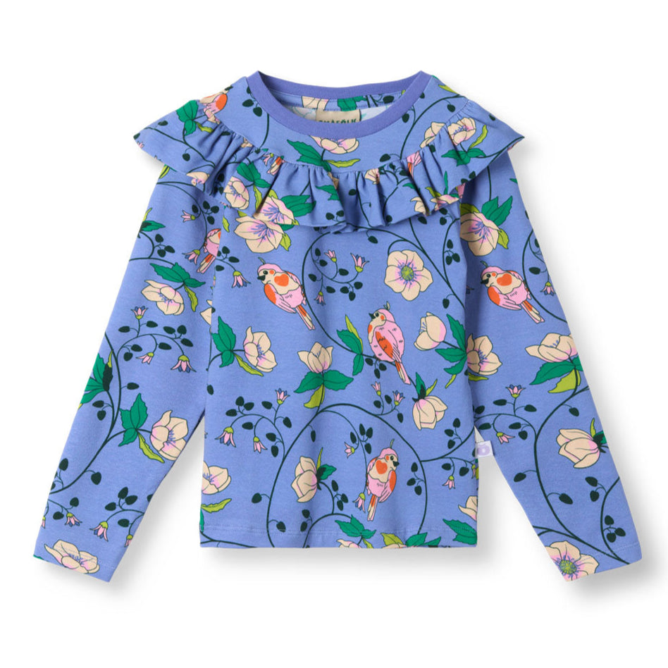 Long-sleeved ruffle t-shirt- robins, purple delight
